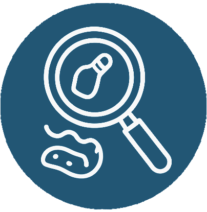White outline of a magnifying glass focusing on a bowling pin, with a small puddle or irregular shape nearby, all on a blue circular background.