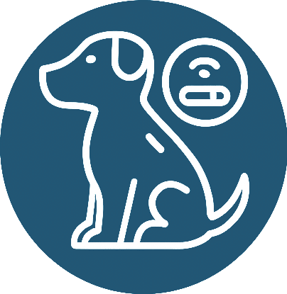 A white outline of a sitting dog with a Wi-Fi signal and a smart collar symbol above its back, all on a blue circular background.