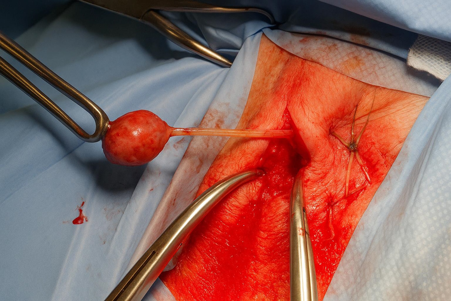 Close-up view of a canine anal sac removal surgery with the gland exteriorized and held by surgical instruments, showing the duct attached and the incision site on a blue sterile drape.