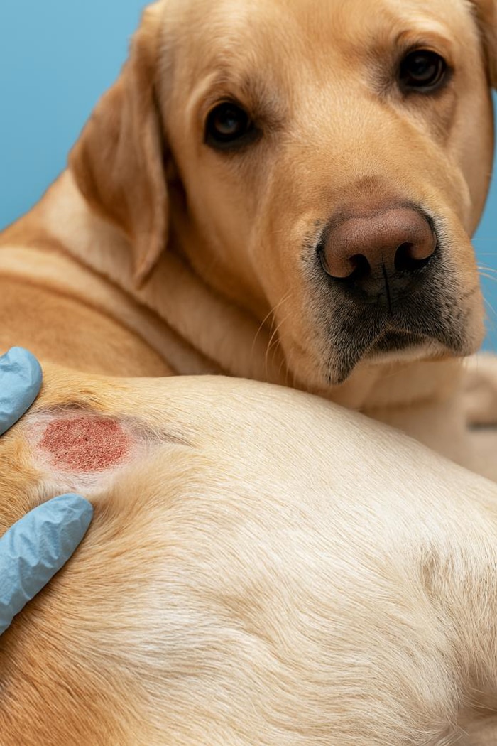 Veterinarian wearing blue gloves examining a Labrador retriever with a red, irritated skin patch on its back, showing signs of a possible hot spot or infection.
