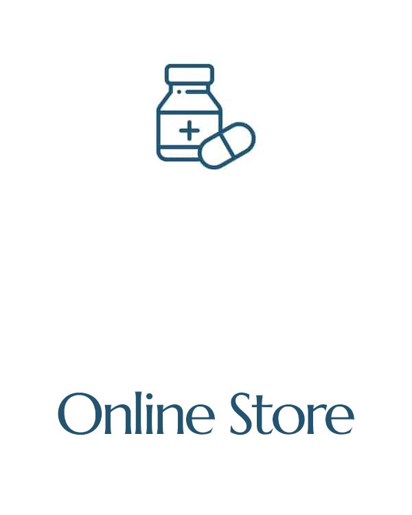 Minimalist illustration of a medicine bottle and a pill above the words “Online Store” in large font on a white background.
