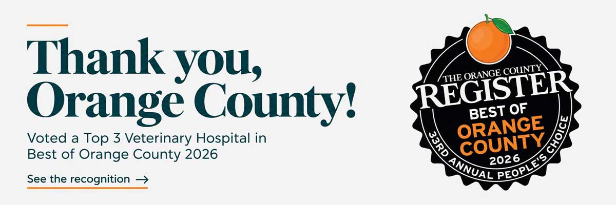 Text says “Thank you, Orange County! Voted a Top 3 Veterinarian Hospital in Best of Orange County 2026” with a black badge reading “Best of Orange County 2026, 33rd Annual People’s Choice.”.